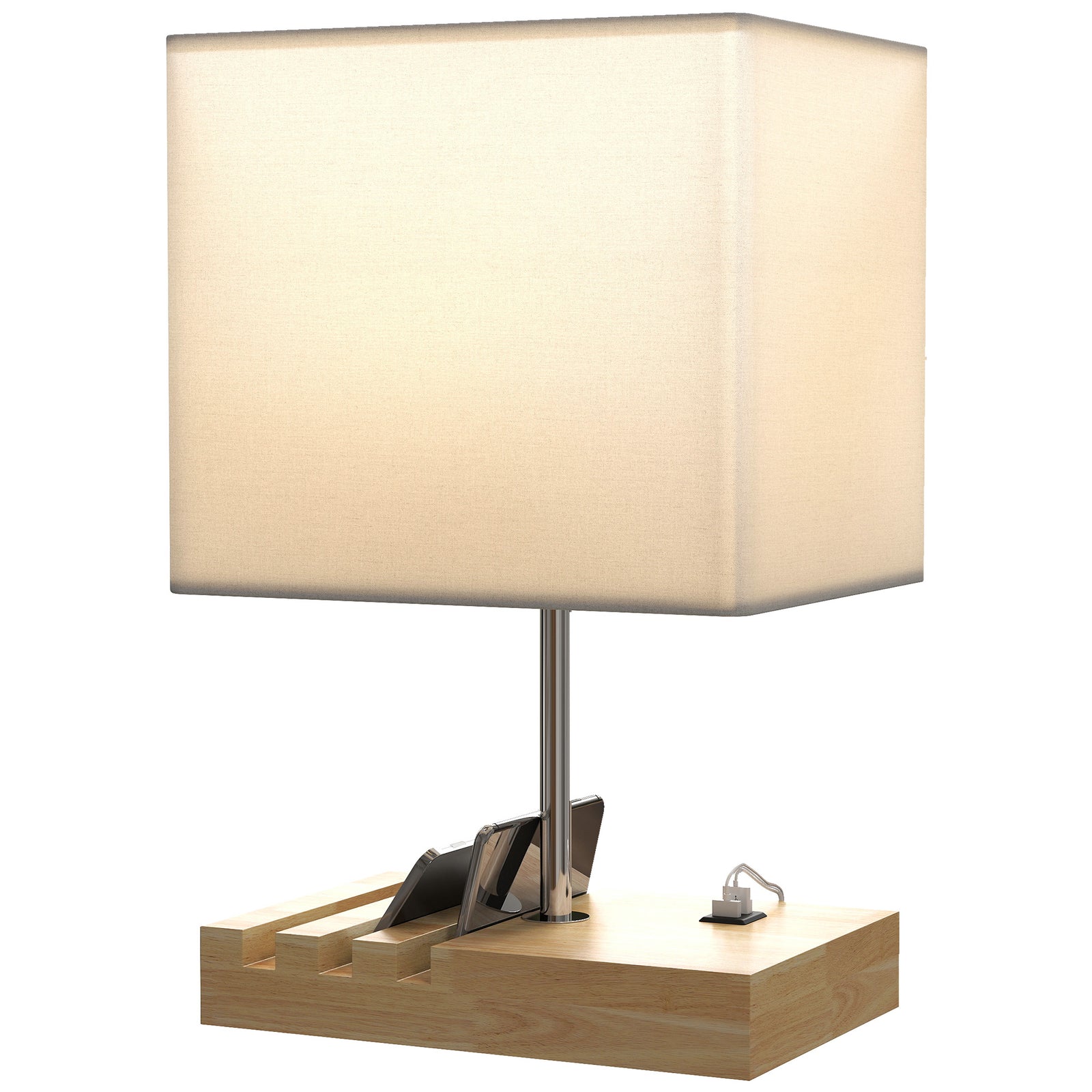 Table Lamp With 3 Slots, Bedside Lamp With Solid Wood Base | Brown