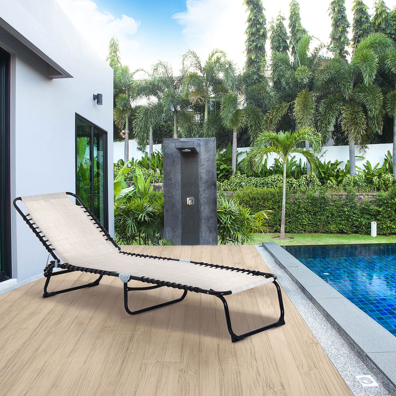 Foldable Beach Chaise Lounge 4 Adjustable Positions | Set of 1 | Cream