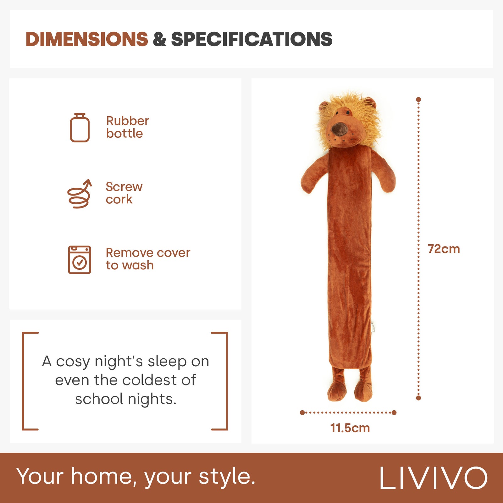 Livivo Lion Animal Style 2l Hot Water Bottle With Soft Removable Washable Cover
