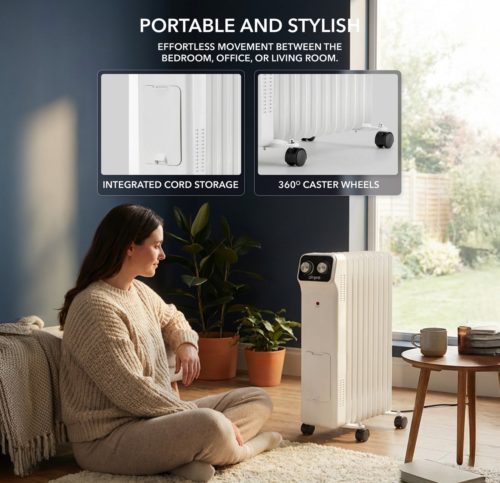Oil-filled Electric Radiator 2500w, Adjustable Thermostat, 3 Settings | White