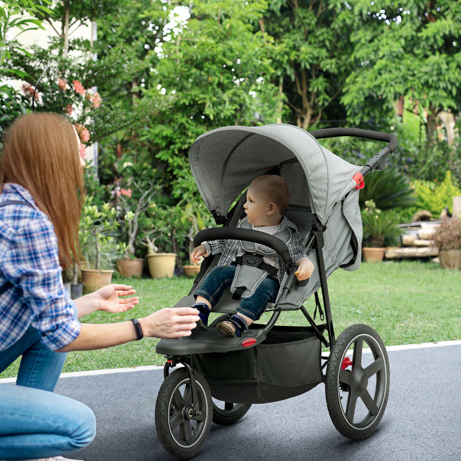 Foldable Three-wheeler Baby Stroller W/ Sun Canopy, Storage | Gray