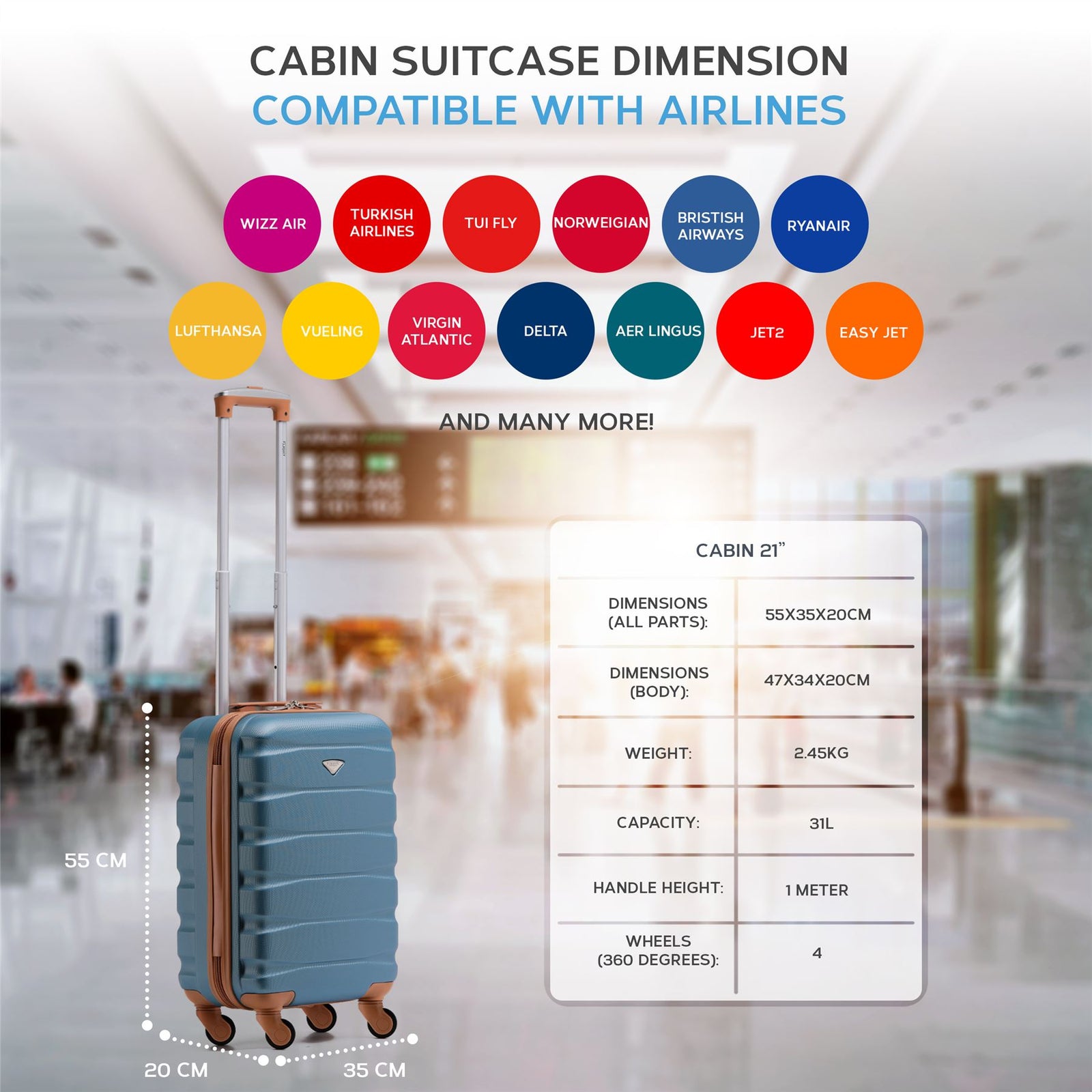 55x35x20cm Cabin Carry On Suitcase Hard Shell Overhead Luggage 100+ Airlines Approved | Cabin | Blue