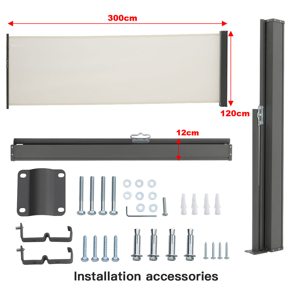Retractable Side Awning 300cm Patio Privacy Screen Uv & Water Resistant Polyester Garden Balcony Wind Screen (1.2m/1.4m H) | 1.2m | Beige