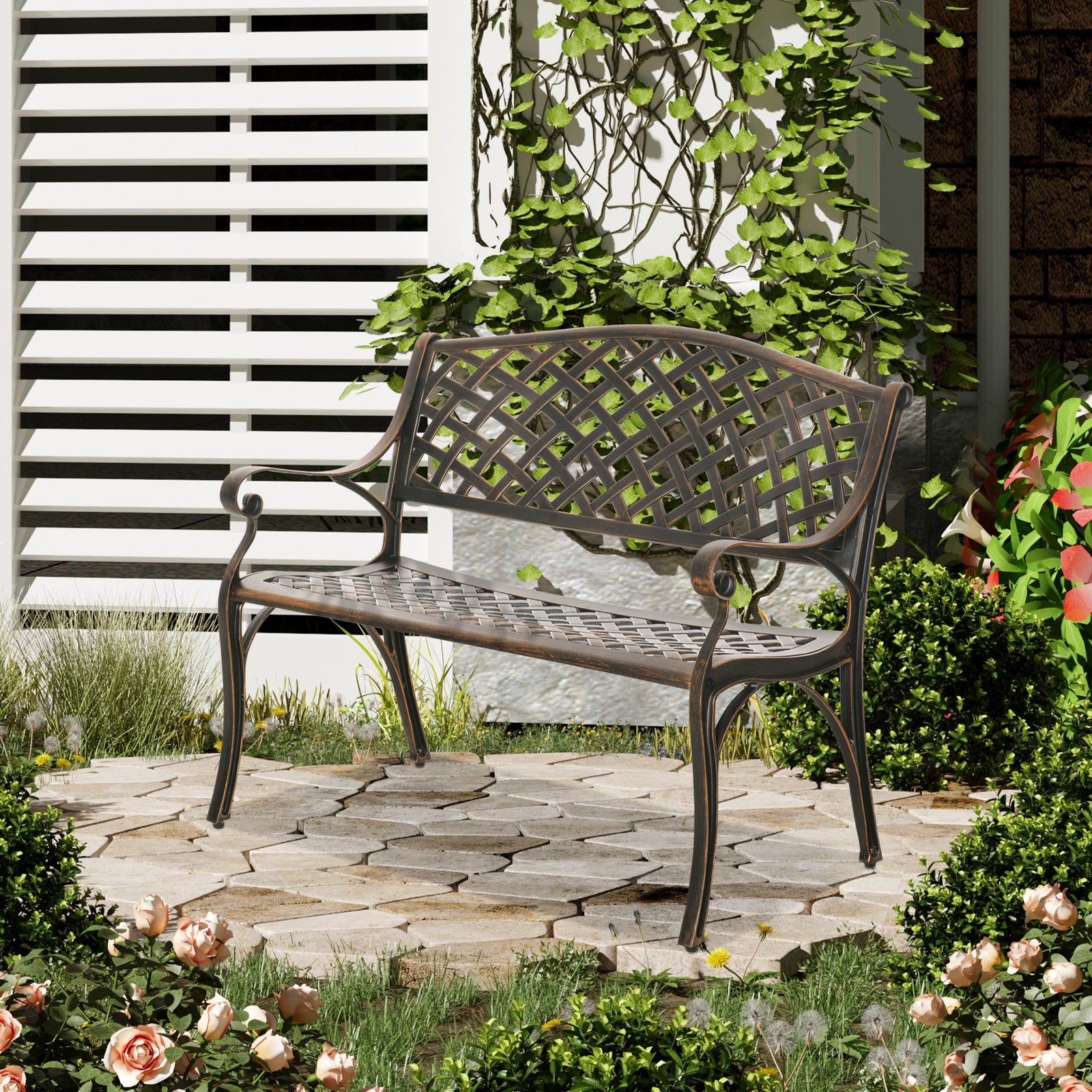 Cast Aluminium Garden Bench 2 Seater Antique Park Loveseat | Bronze