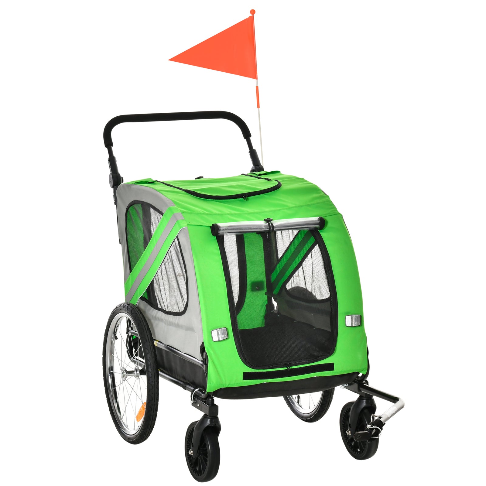 Pawhut 2-in-1 Dog Bike Trailer Stroller W/ Universal Wheel Reflector Flag | Green
