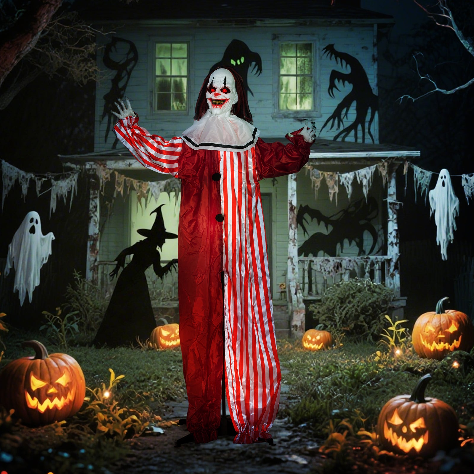 Sound Activated Halloween Animatronics Clown With Red Light Up Eyes
