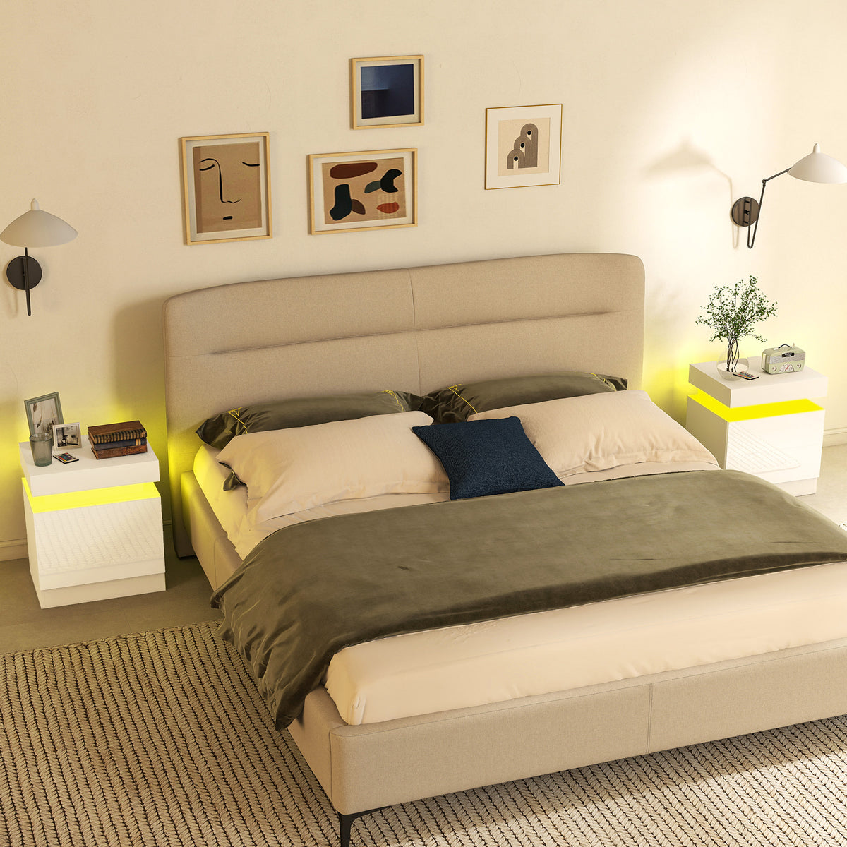 HOMCOM High Gloss Bedside Table With Led Light And 2 Drawers