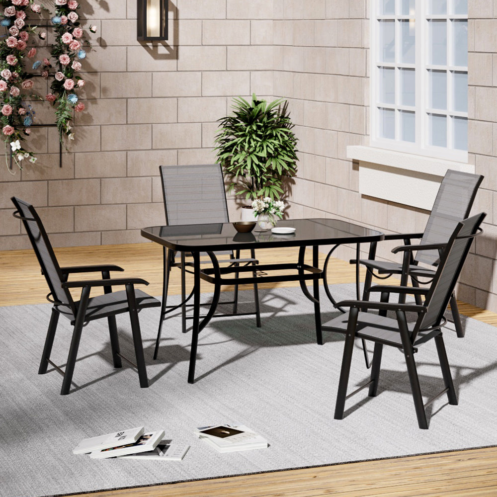 5 Pieces Garden Dining Set Outdoor Tempered Glass Garden Table With Foldable Chairs
