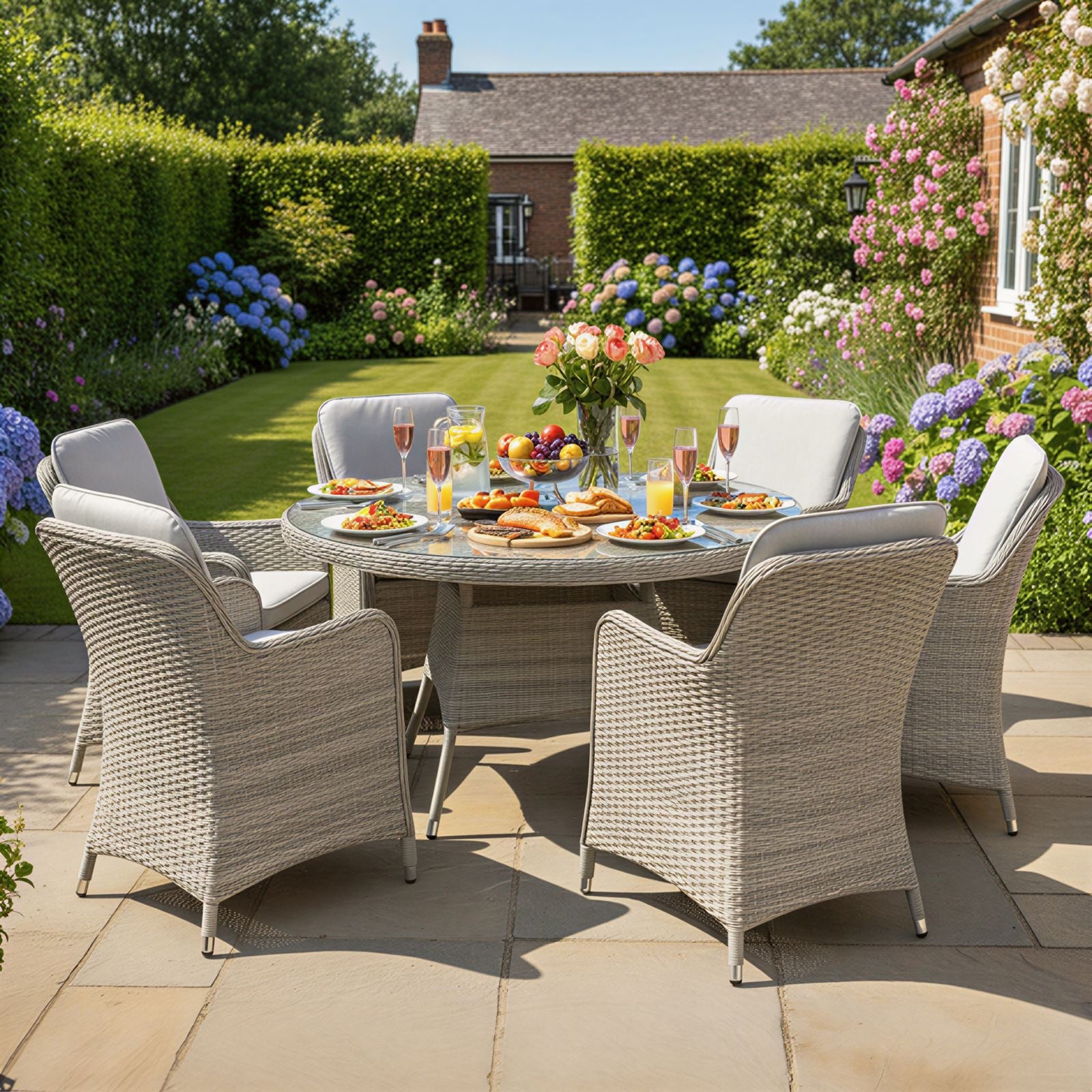 Hampton Rattan 6 Seat Dining Set In Dove Grey | Light Grey