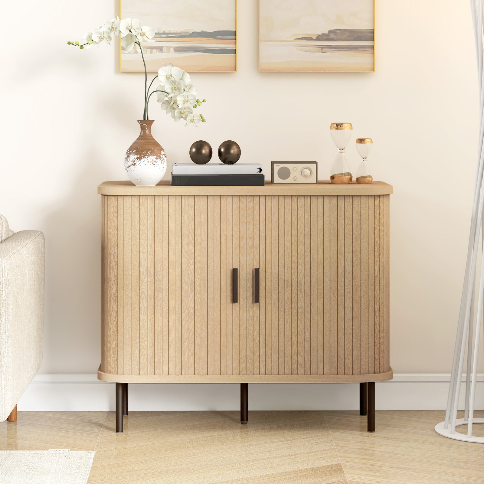 Sideboard Storage Cabinet With Slatted Tambour Sliding Doors