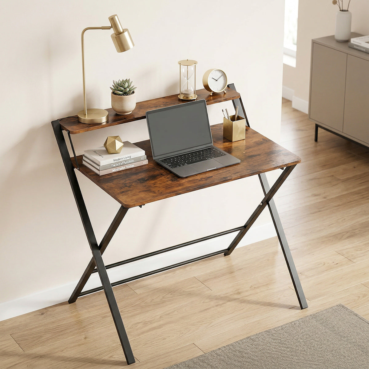 HOMCOM Folding Desk With 2-tier Shelf For Home Office