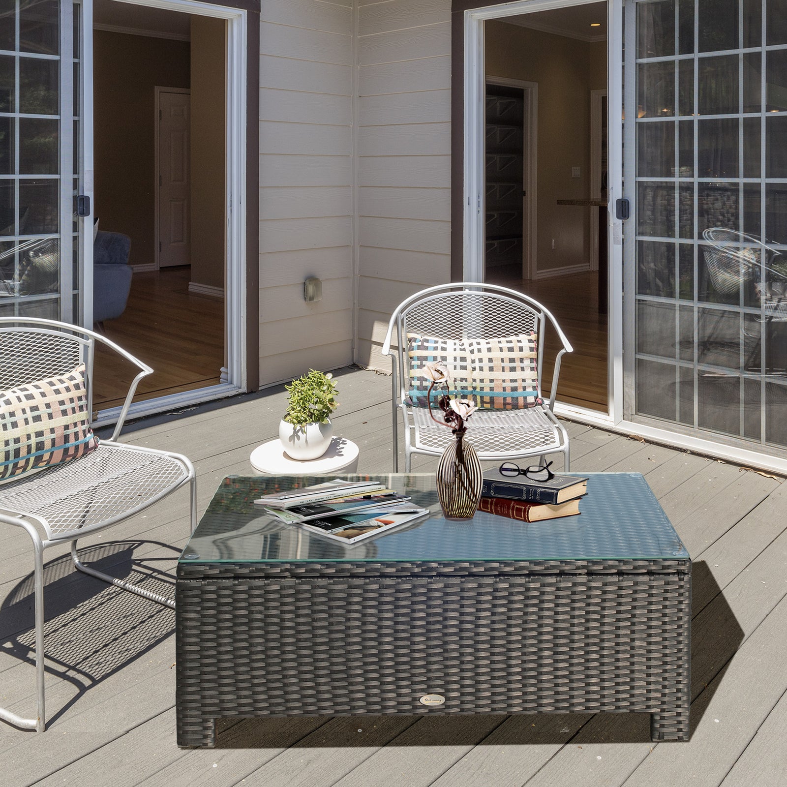 Garden Rattan Side Table,wicker Coffee Desk, Glass Top | Black