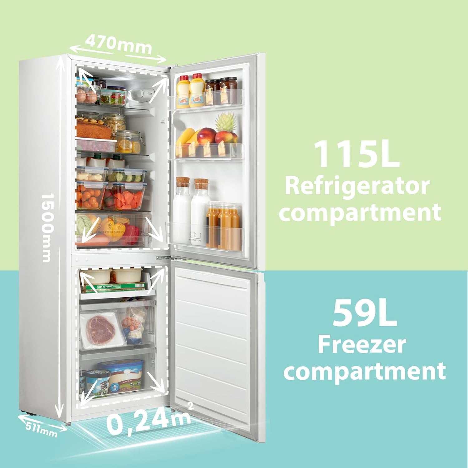 174 Litre Freestanding Fridge Freezer Low Frost Fridge with Reversible Door Hinge - Energy Saving LED lights & Adjustable thermostat – Low Noise [Energy Class E]