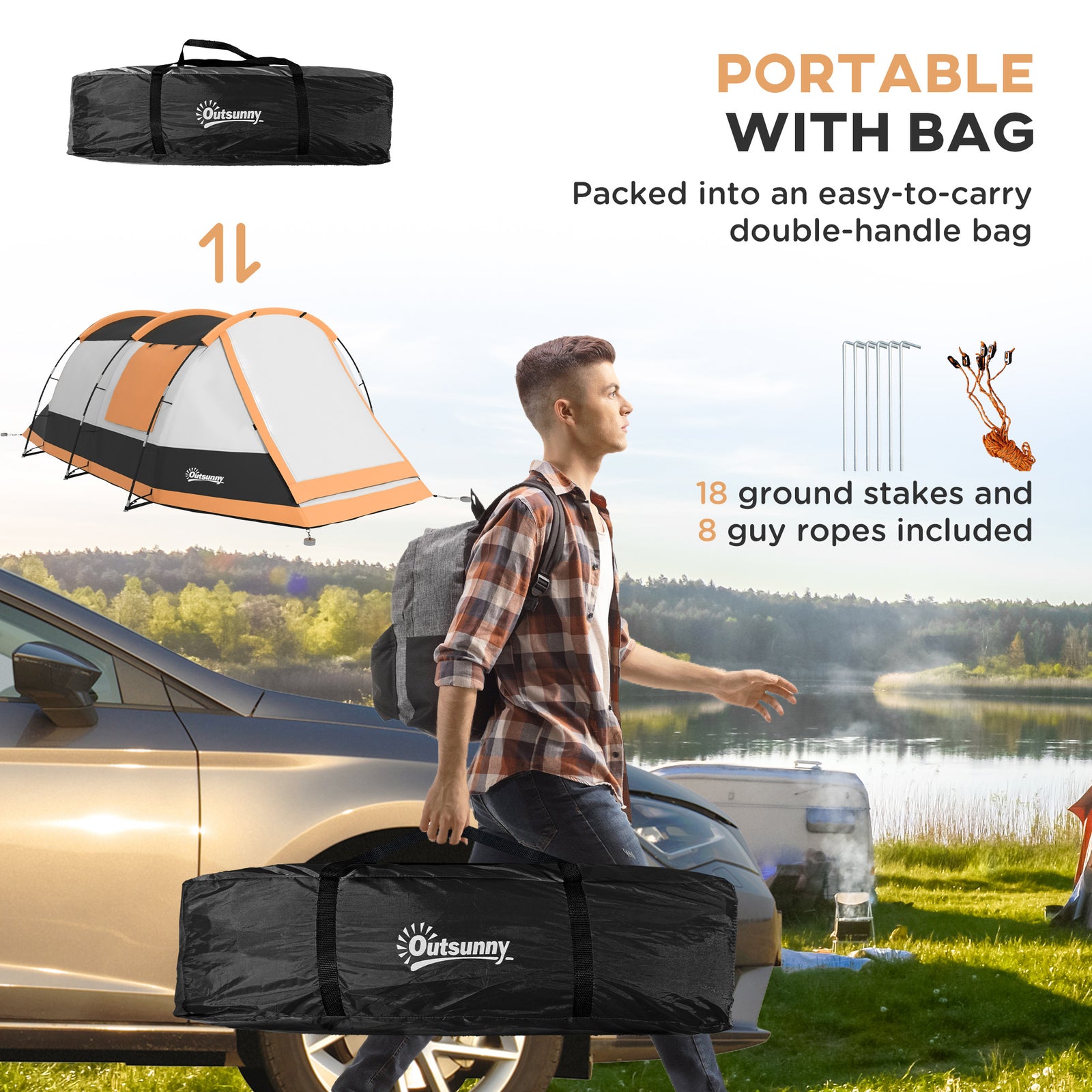 Tunnel Tent With Bedroom, Living Room And Porch For 3-4 Man | Orange