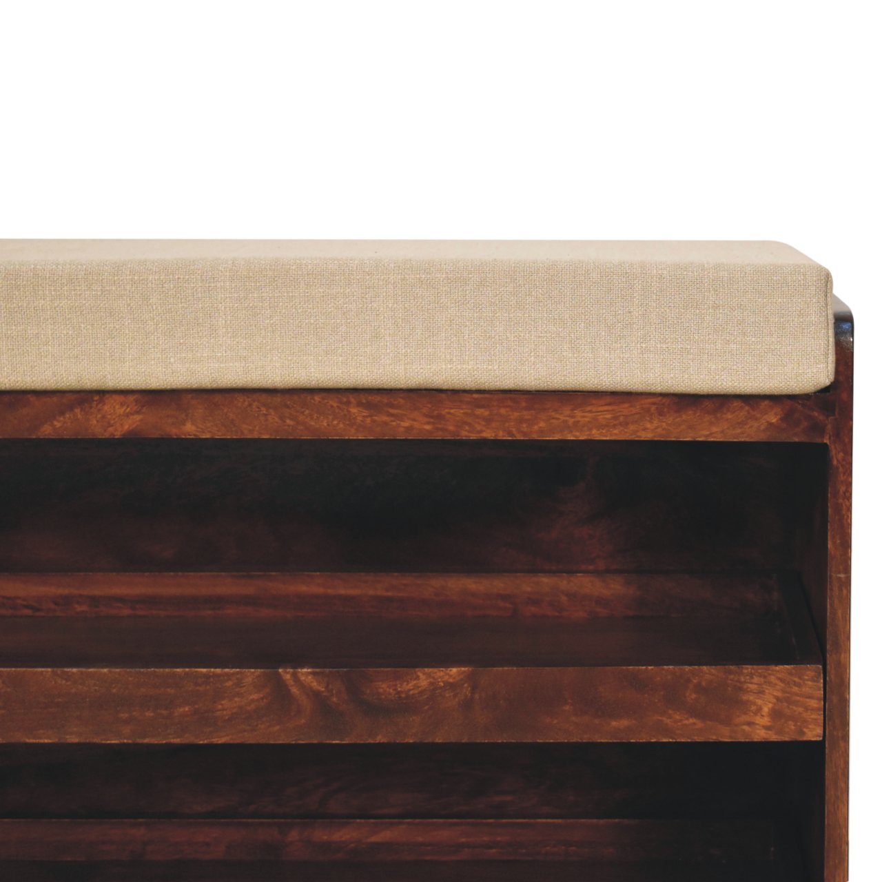 California Walnut & Mud Linen Pull Out Shoe Bench In Solid Wood | Chocolate Brown