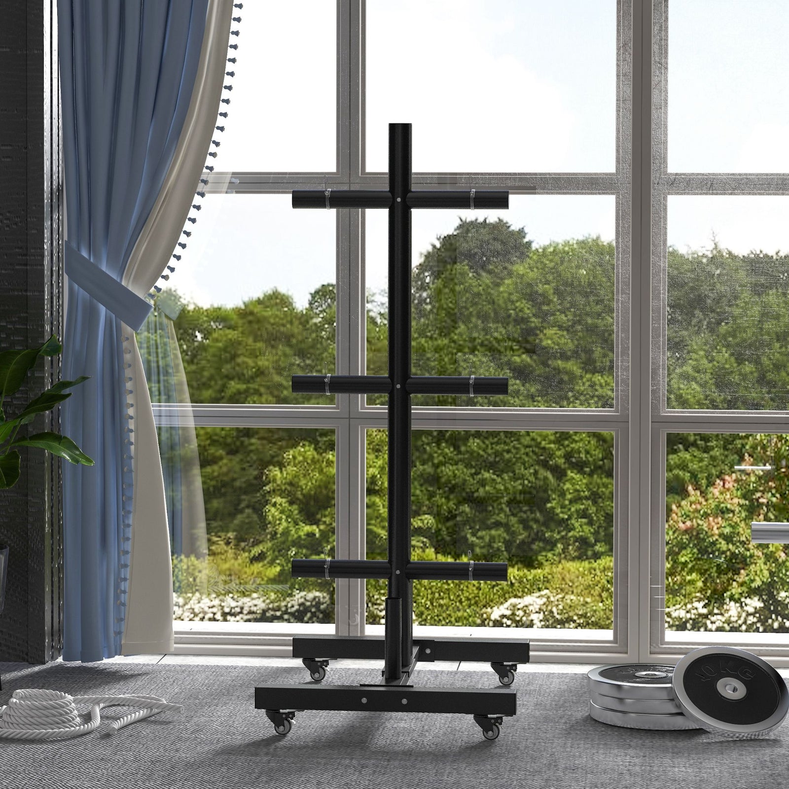 Olympic Weight Plate Rack With 4 Wheels And 6 Fasten Clamps | Black