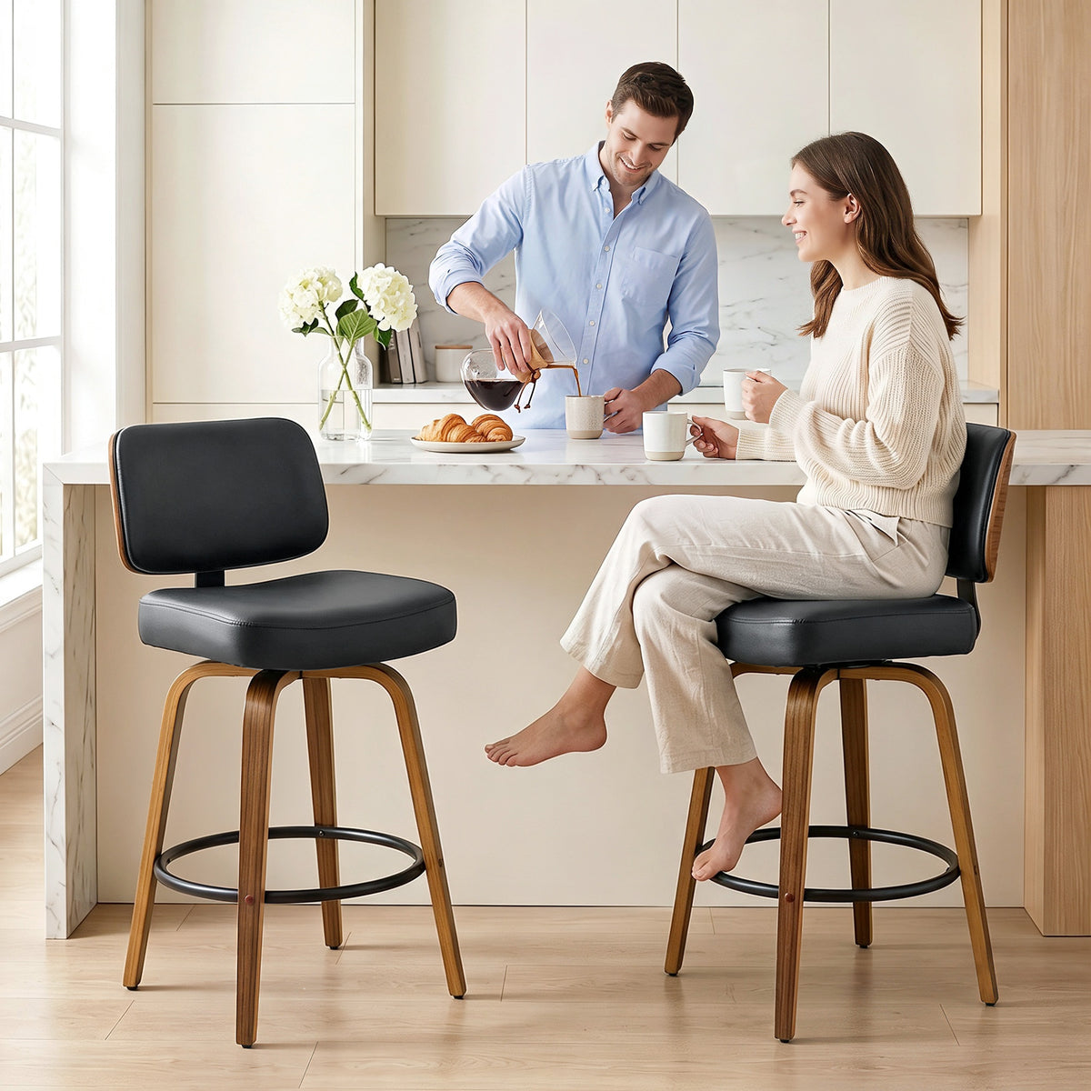 Bar Stools Set Of 2, 360 Swivel Padded Seat, Curved Wood Legs, Black