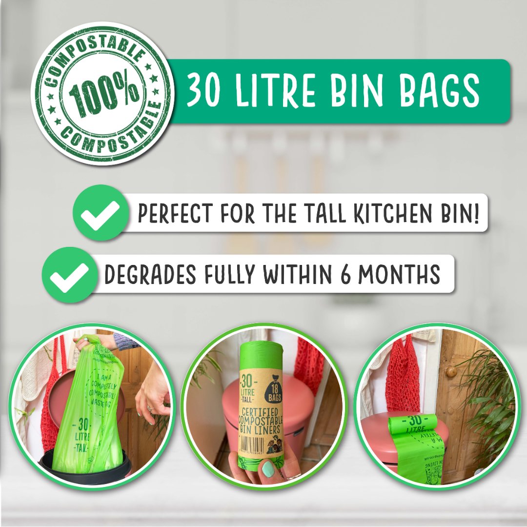 30 Litre Compostable Waste Bags | Set of 6 | Green
