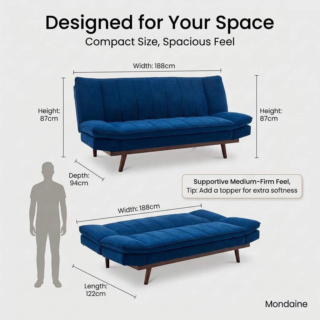 Mondaine Velvet Sofa Bed 3 Seater | Navy Blue