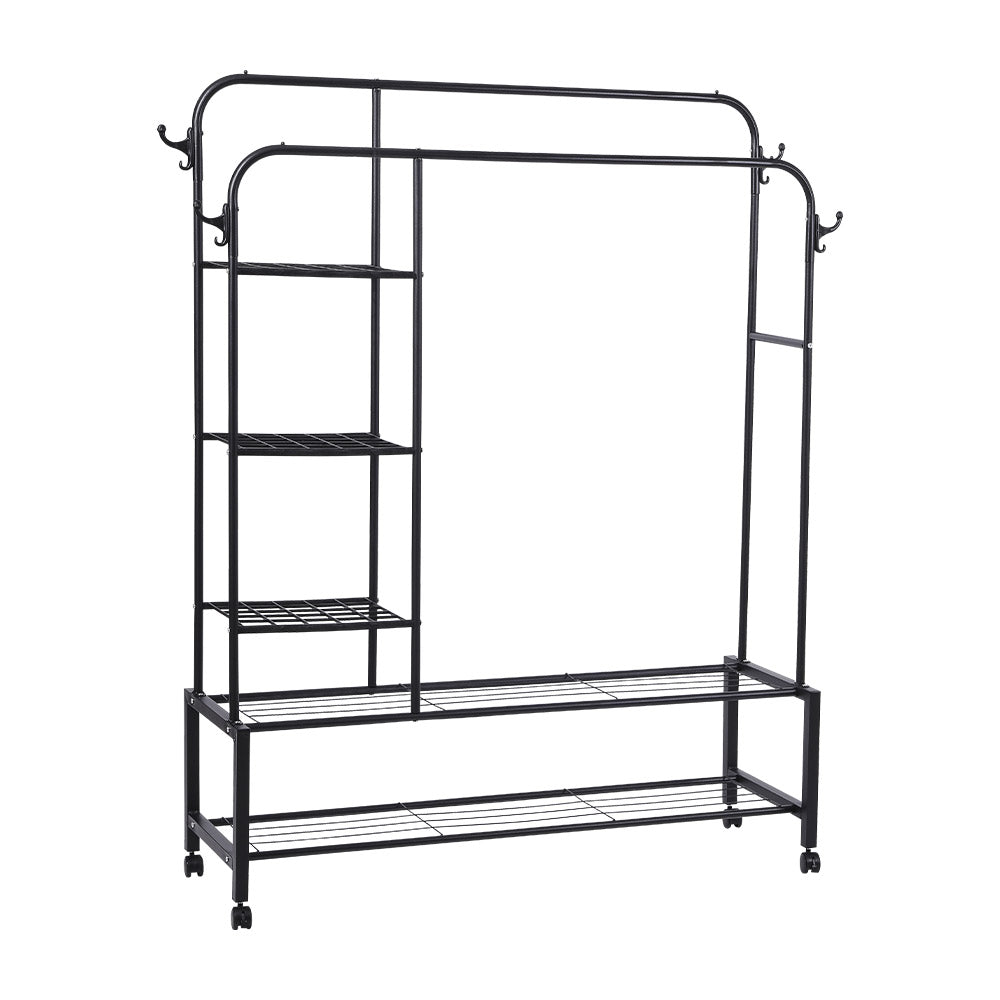 Double-rod Clothes Rack With Shelves And Wheels