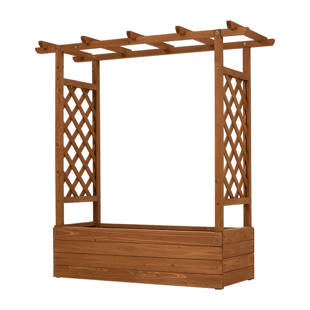 Raised Garden Bed With Integrated Trellis And Overhead Slats