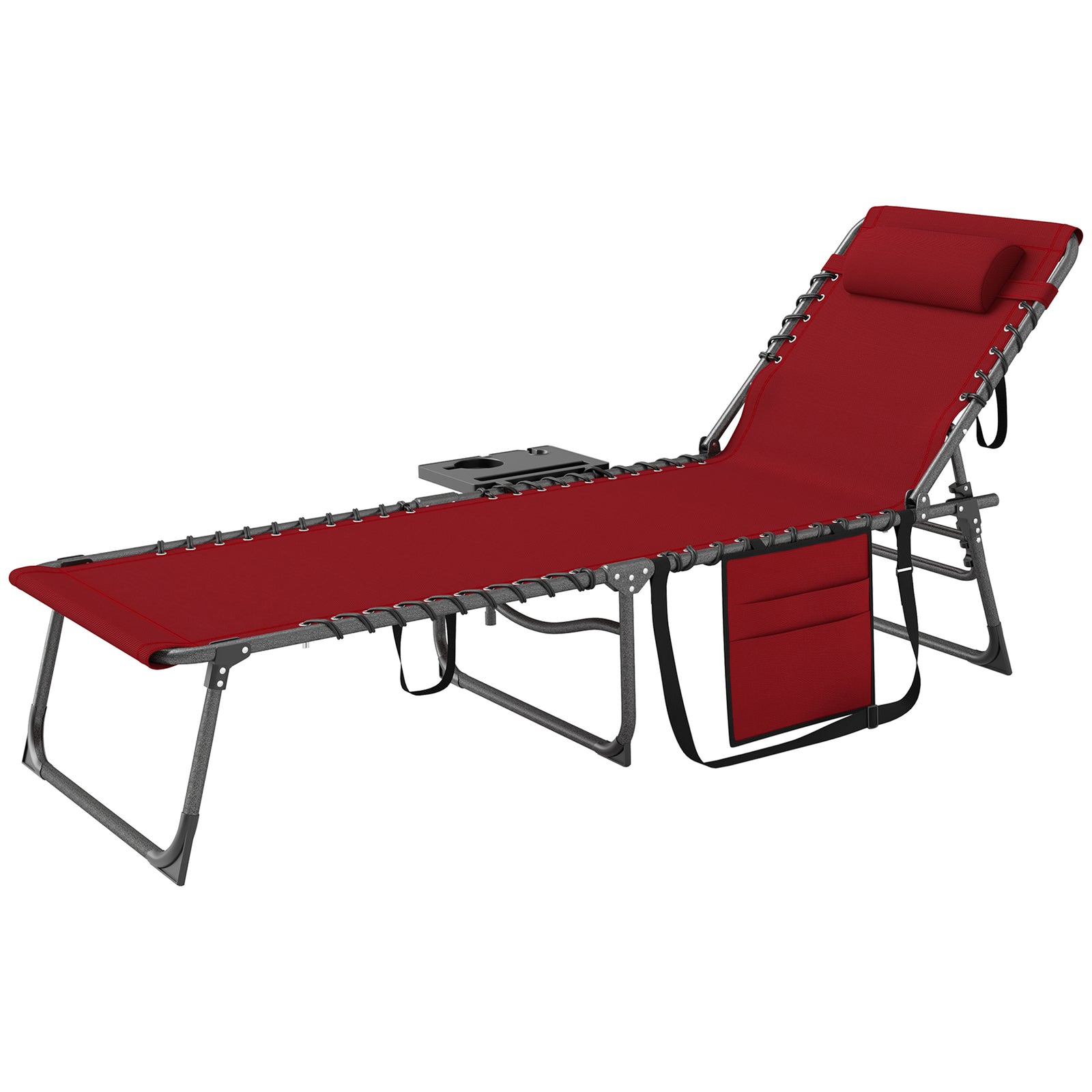 Folding Sun Lounger With 5-level Reclining Back, Side Table | Red