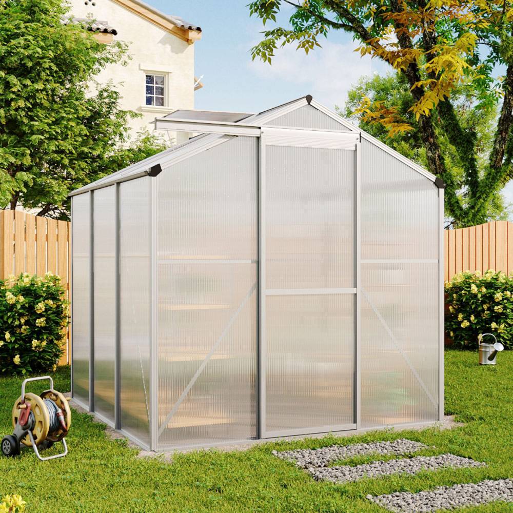 Polycarbonate Greenhouse– Aluminum Frame Walk-in Greenhouse With Sliding Door & Ventilation Window For Plants & Flowers, White, 6 x 6ft