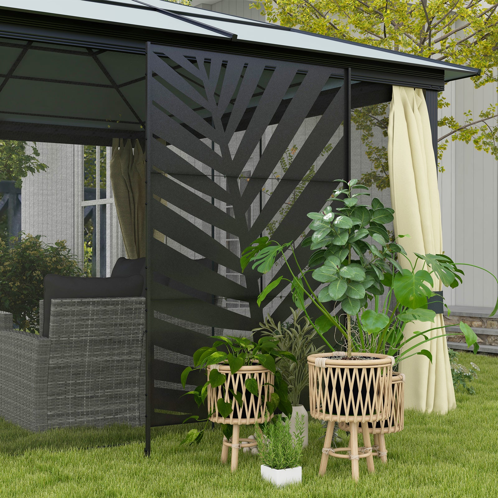 6.5ft Metal Privacy Screen W/ Stand, Banana Leaf