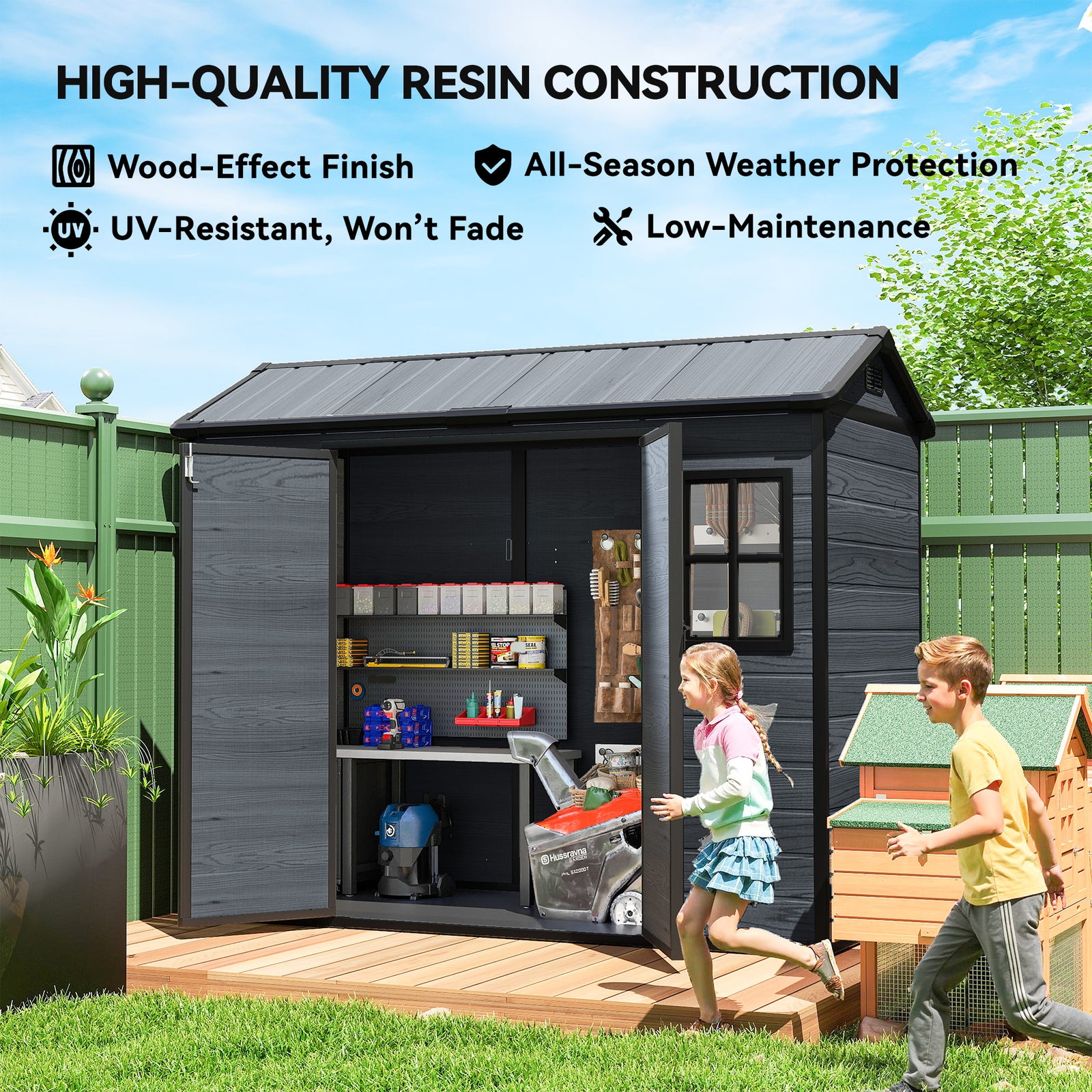 8 X 4 Ft Resin Garden Shed With Floor, Lockable Doors | Dark Grey