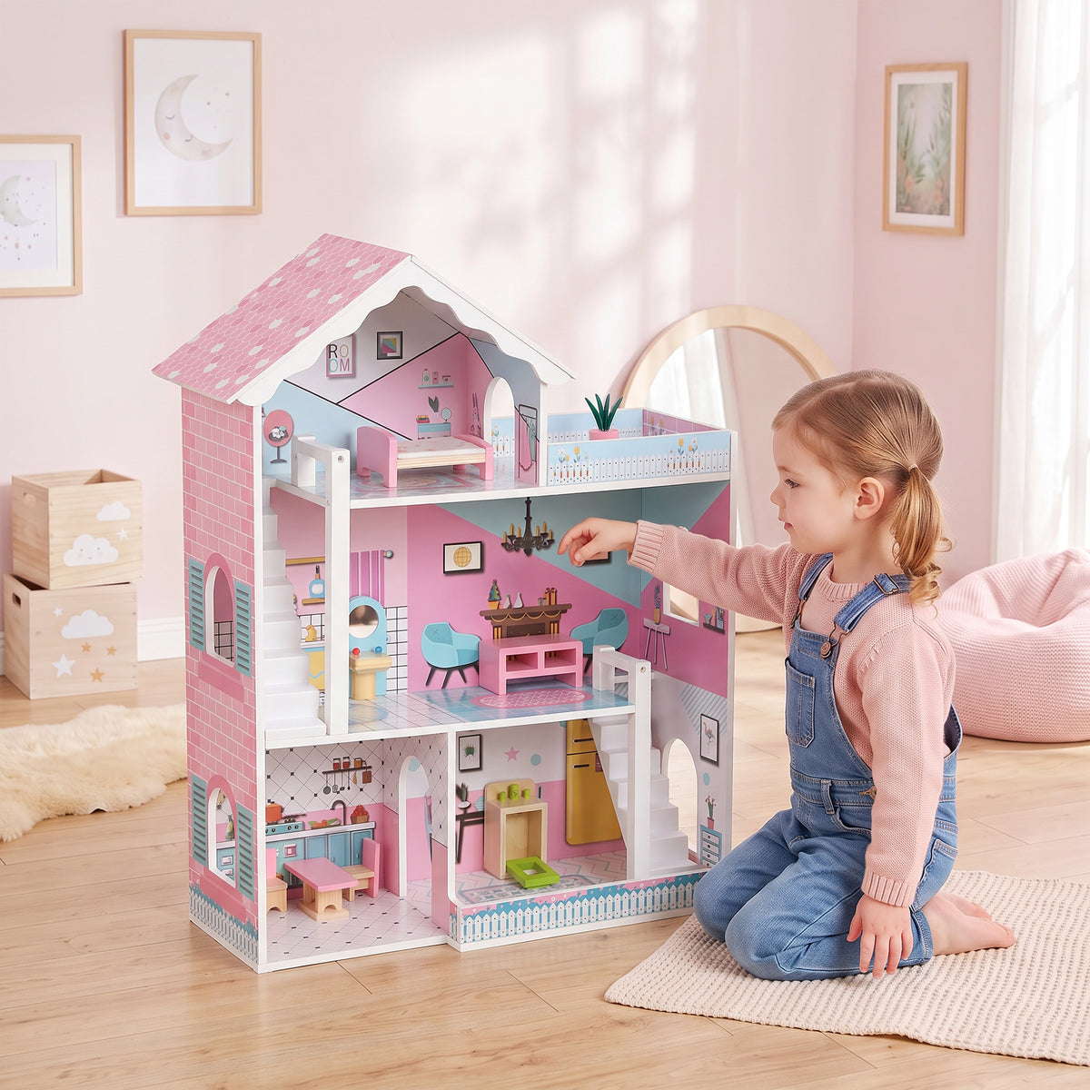 Wooden Dolls House 3-storey With 10 Accessories For 3-6 Years, Pink