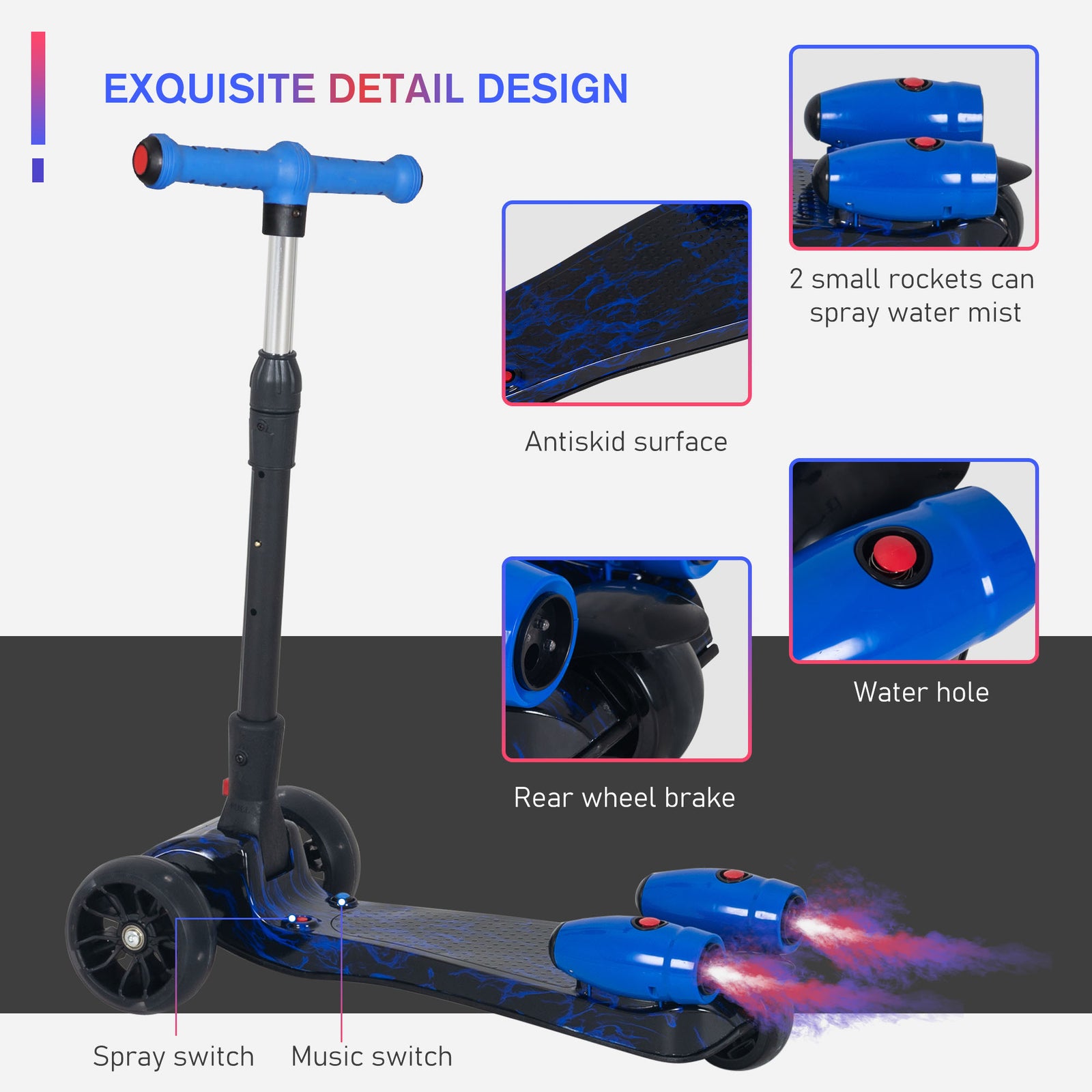 Child 3-wheel Scooter Light Music Water Spray Rechargeable 3-6 Yrs | Blue