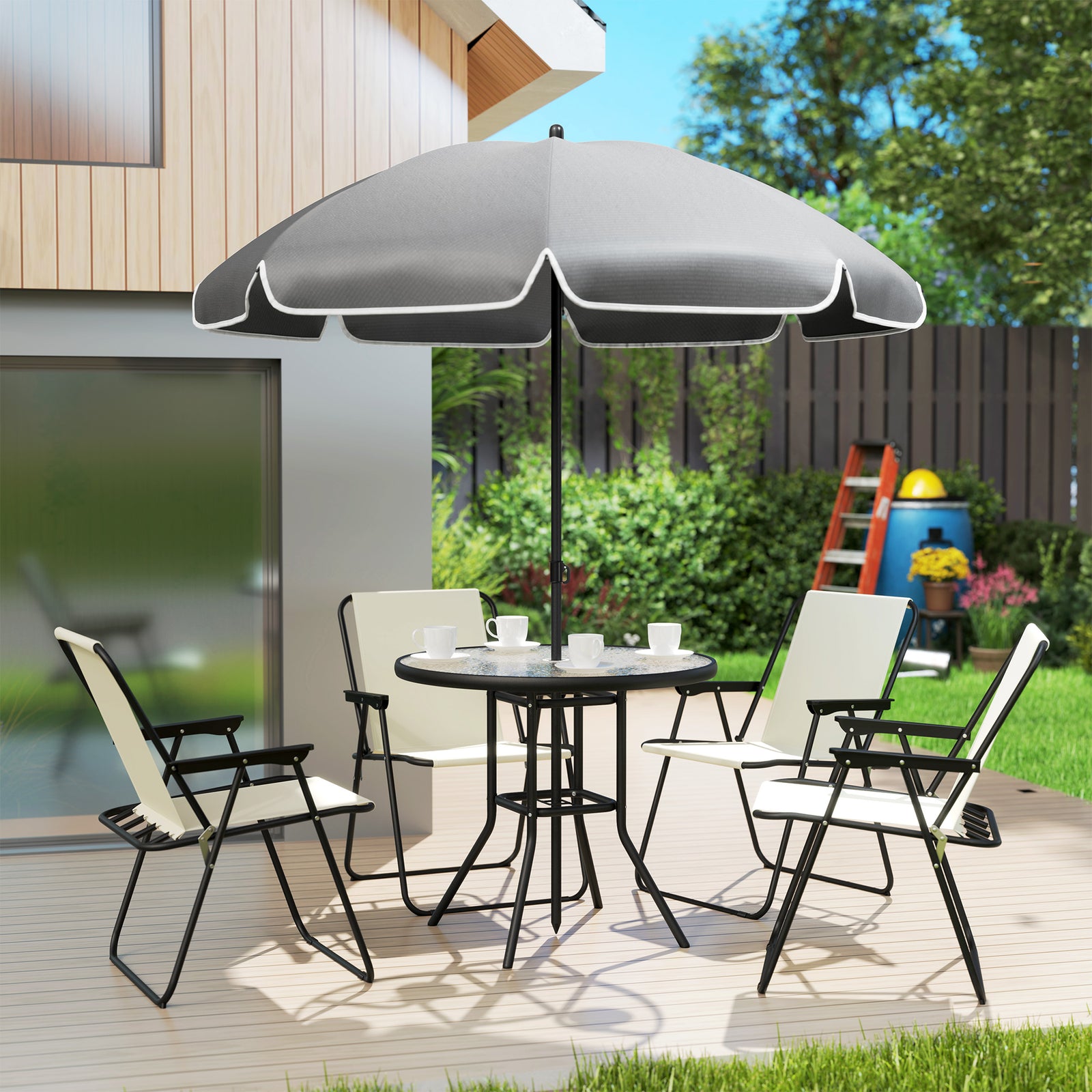 6 Pieces Garden Furniture Set W/ Parasol, Folding Chairs | Cream