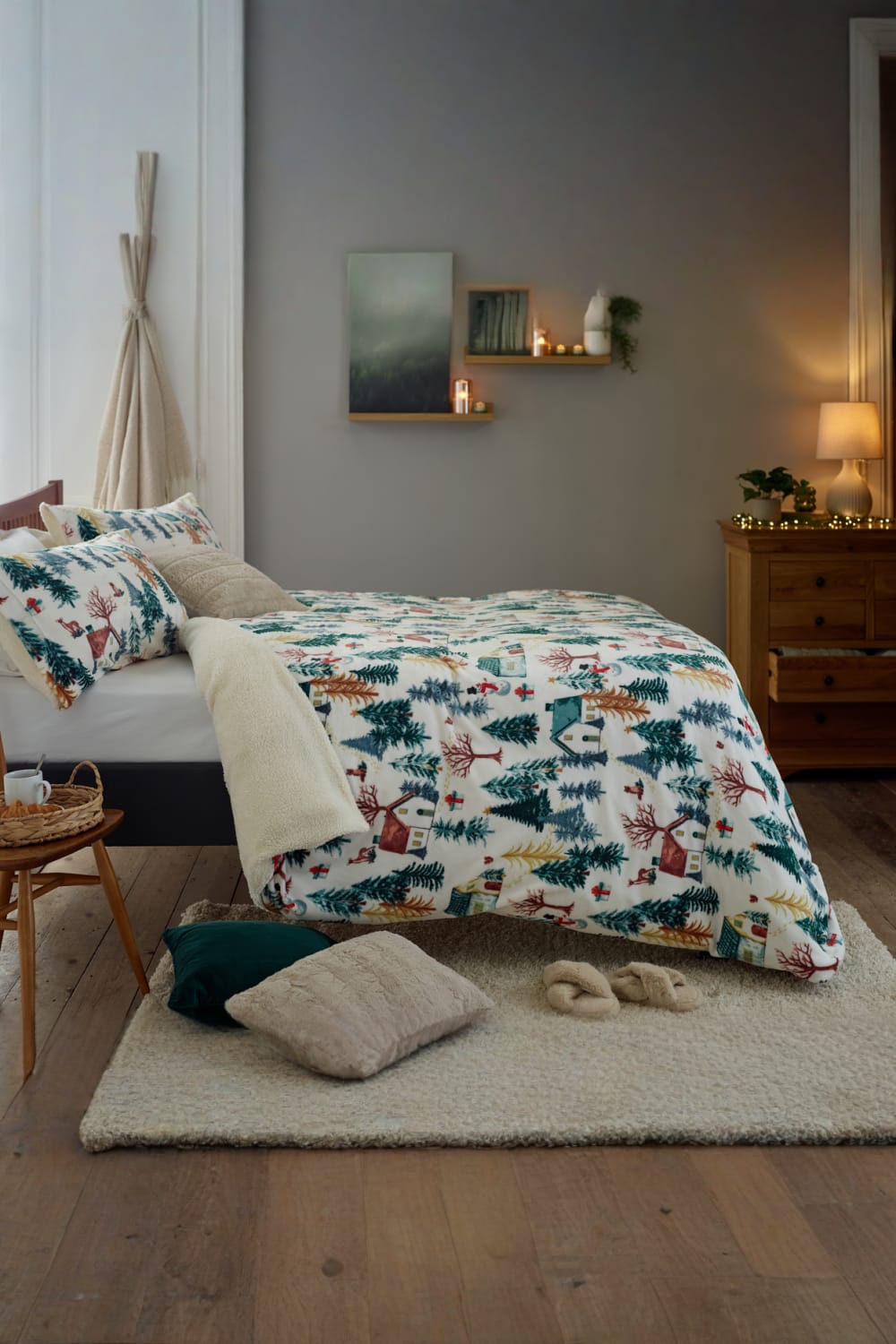Winter Walk Fleece Duvet Cover Set With Sherpa Reverse – Cosy Cabin Bedding | Single | Multi