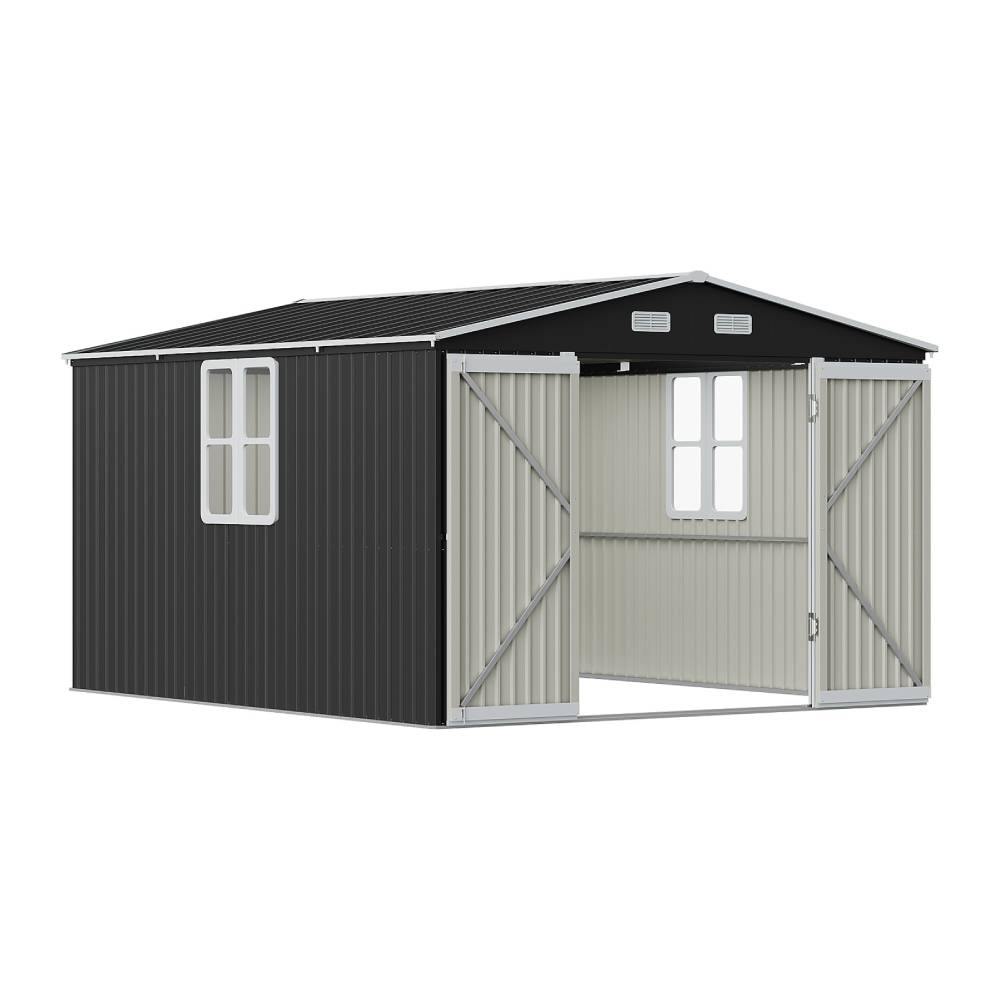 10x12ft Large Metal Storage Shed With Lockable Double Doors, 2 Windows, 4 Vents – Spacious Outdoor Tool Shed