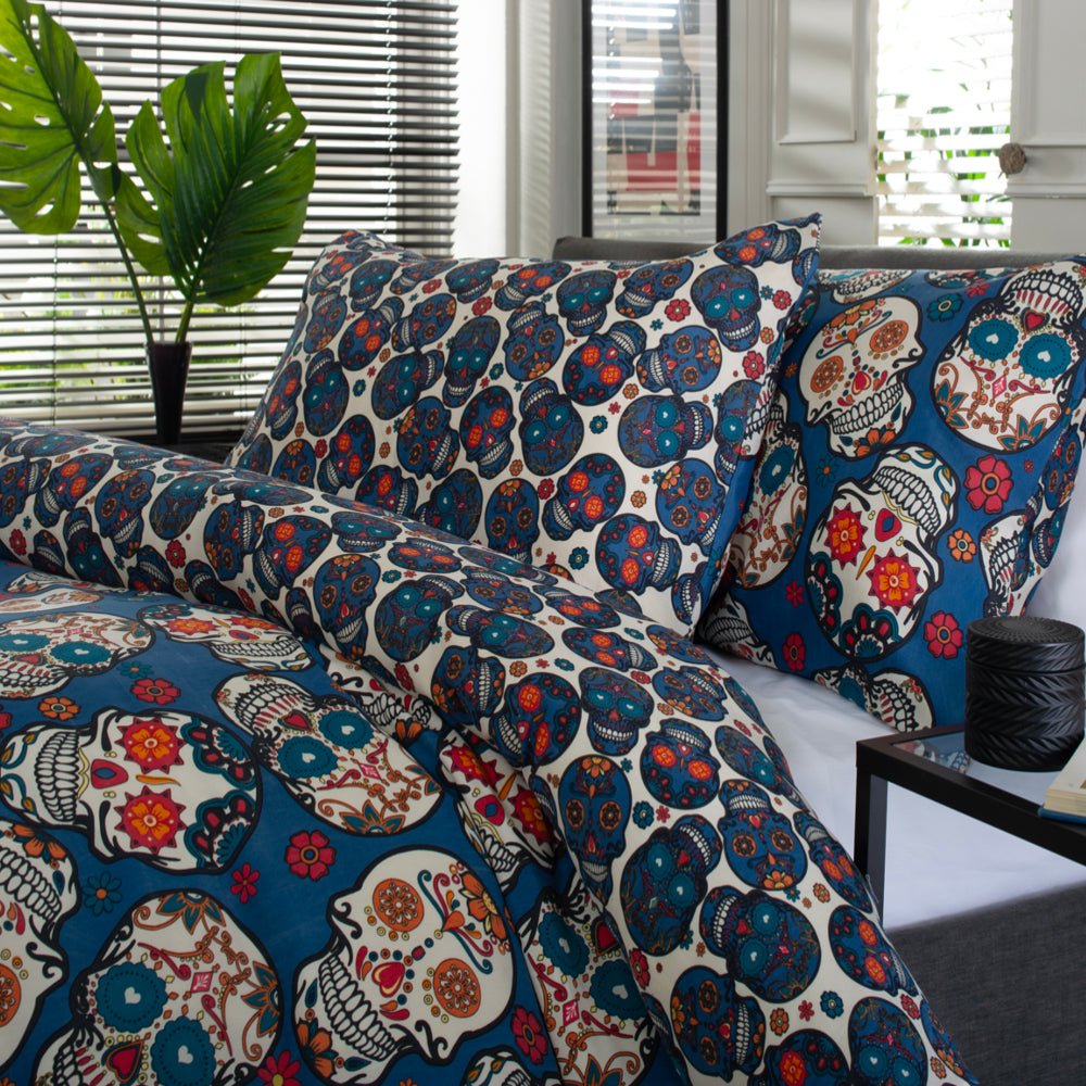 Day Of The Dead Cotton Rich 200 Thread Count Reversible Duvet Cover Set | Double | Navy Blue
