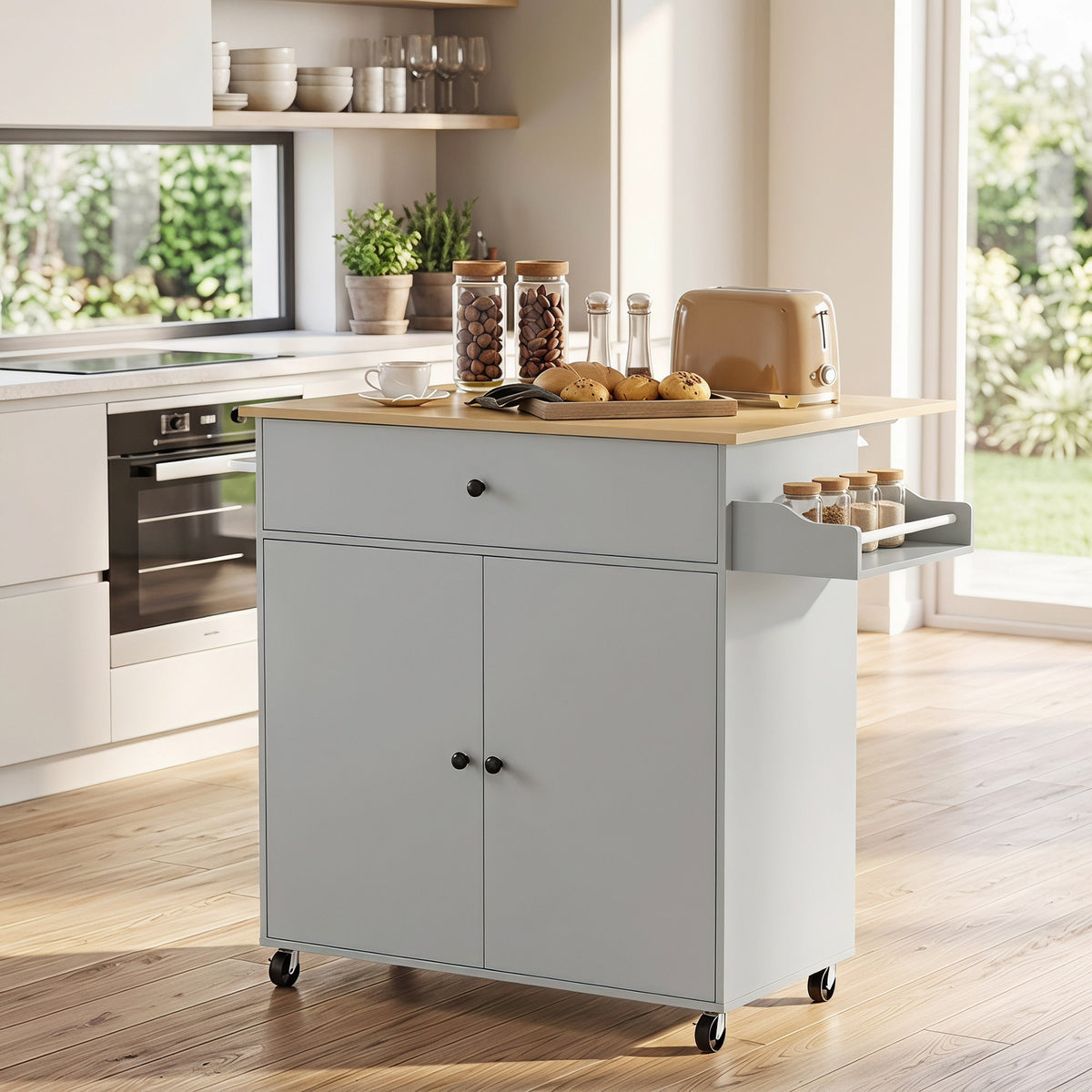 Kitchen Island With Drop Leaf, Rolling Kitchen Storage Trolley | Grey