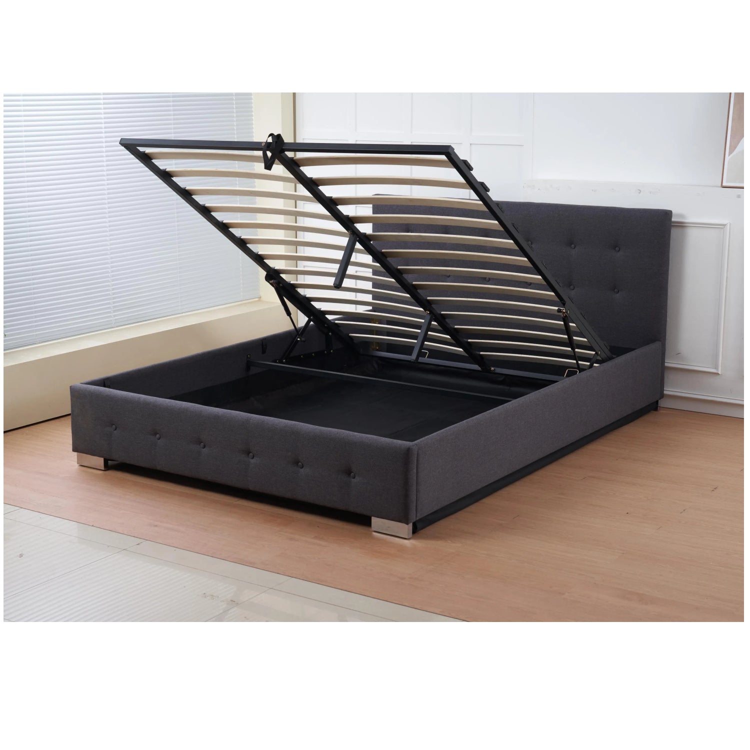 The Oslo Charcoal Linen Tufted Ottoman Bed Frame | King | Charcoal