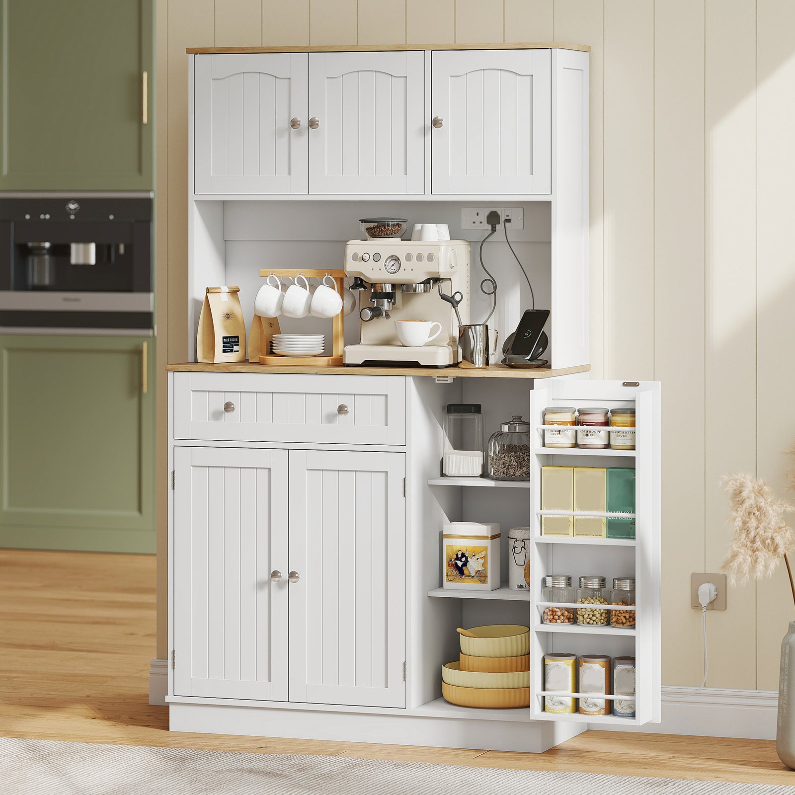 Pantry Storage Cabinet With Adjustable Shelves And 4 Door Racks | White