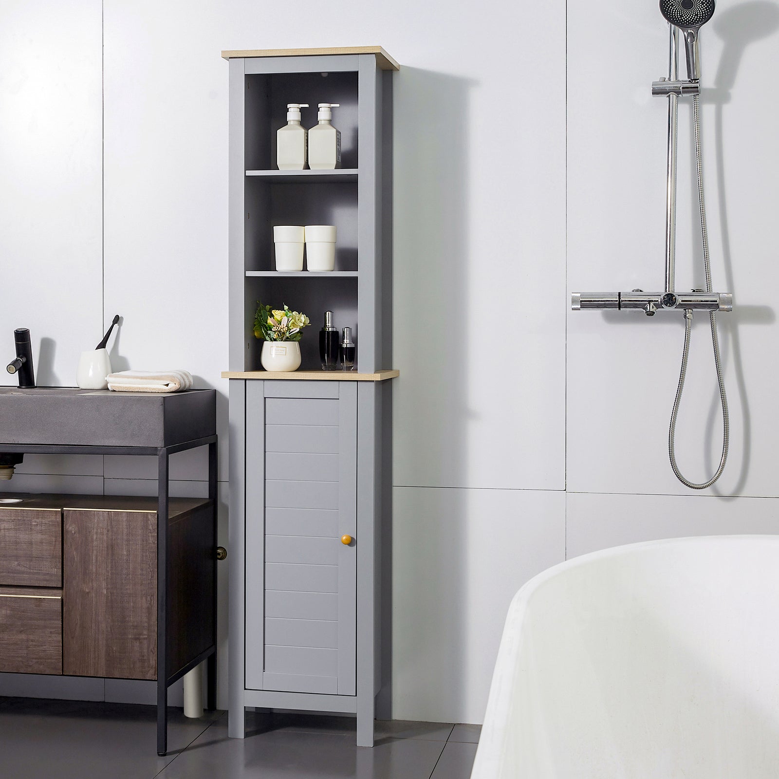Bathroom Floor Tall Cabinet Storage Unit Adjustable Shelf