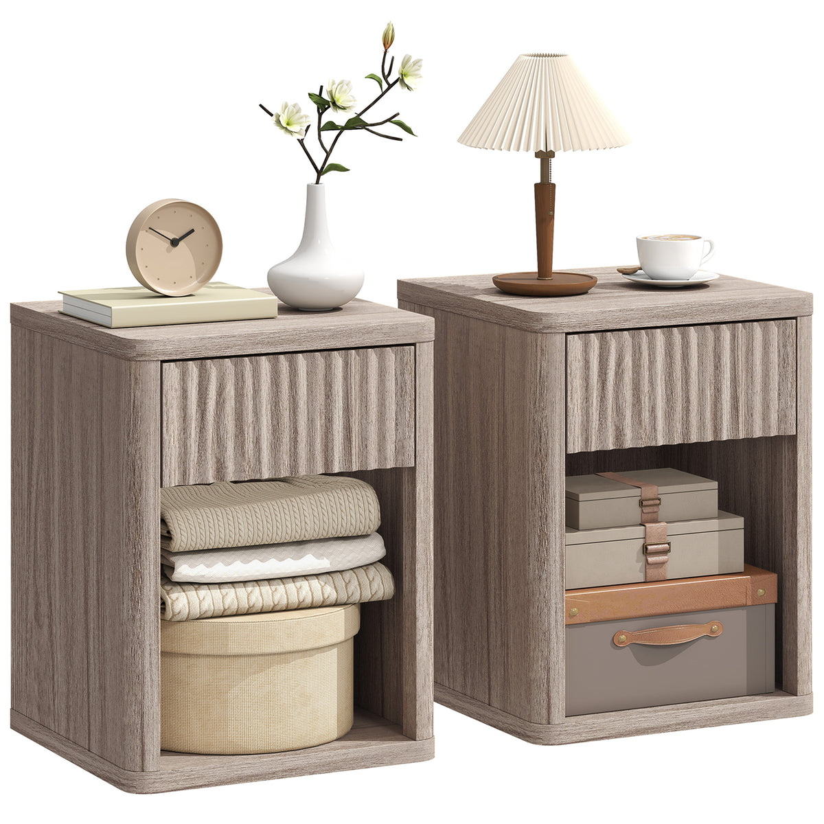HOMCOM Modern Nightstand With Drawer And Open Shelf, Set Of 2, Oak