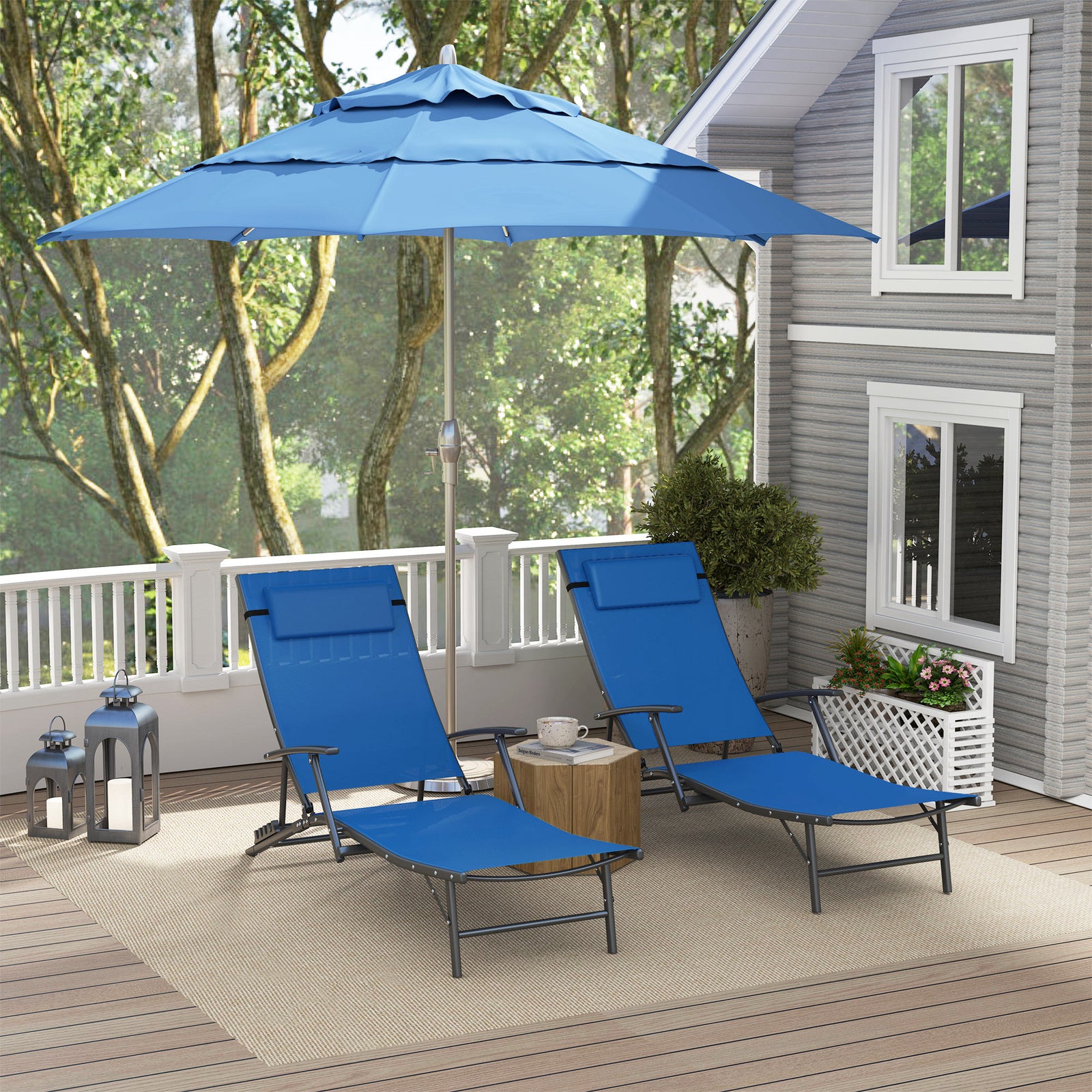 Set Of 2 Garden Sun Loungers, Folding Chaise Lounge Chairs | Blue