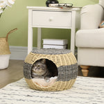 Wicker Cat House, Rattan Raised Cat Bed W/ Soft Cushion, Φ40 X 30cm
