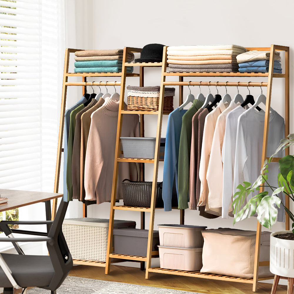 Trapezoid Bamboo Garment Rack With Tiered Storage Shelves | Natural