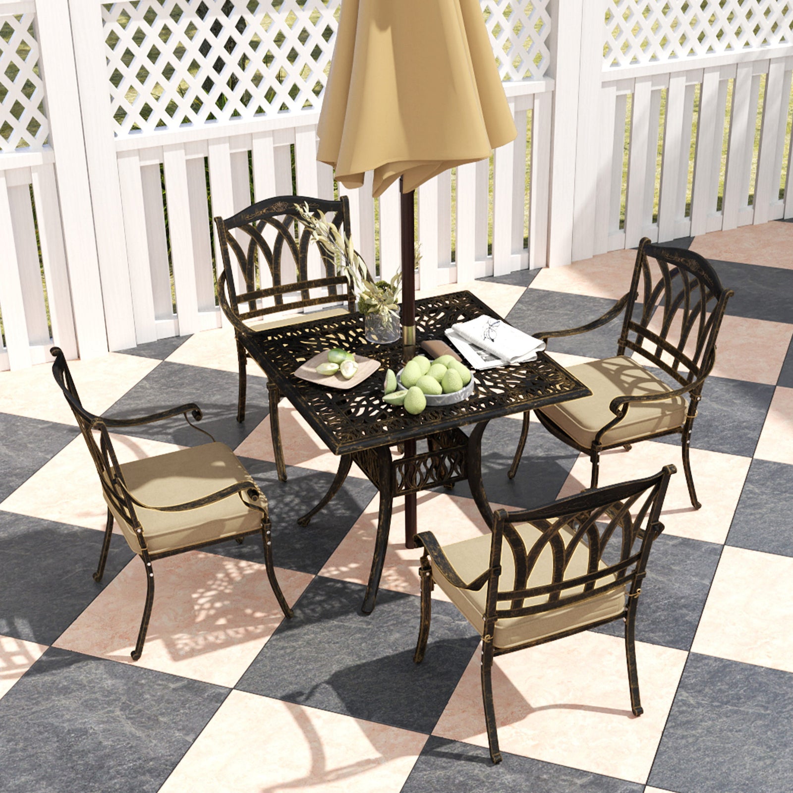 5 Pieces Cast Aluminium Garden Dining Set W/ Parasol Hole
