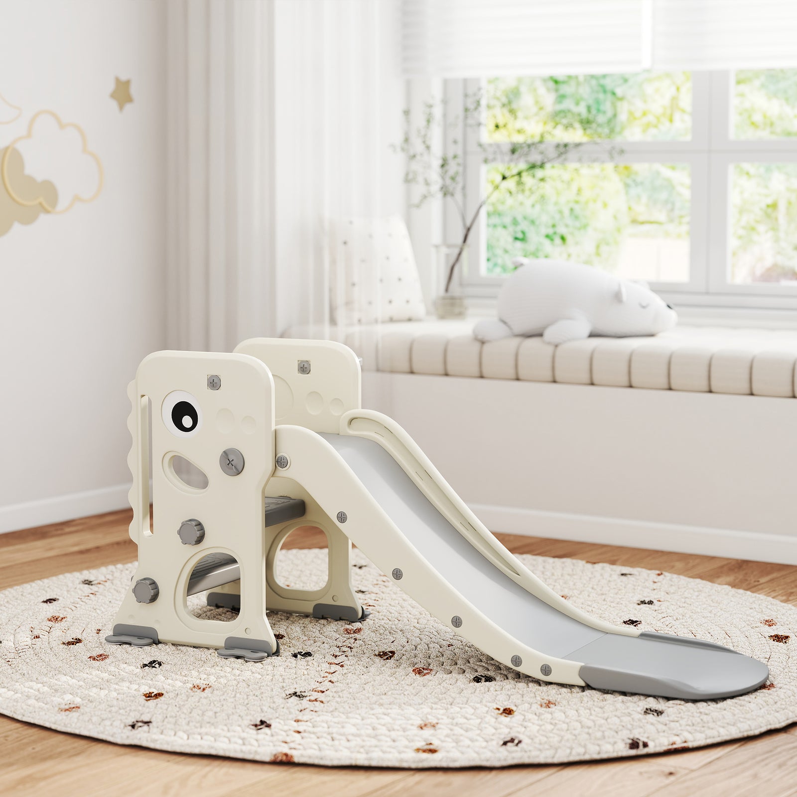 Foldable Kids Slide With Climber, Basketball Hoop, Cream White