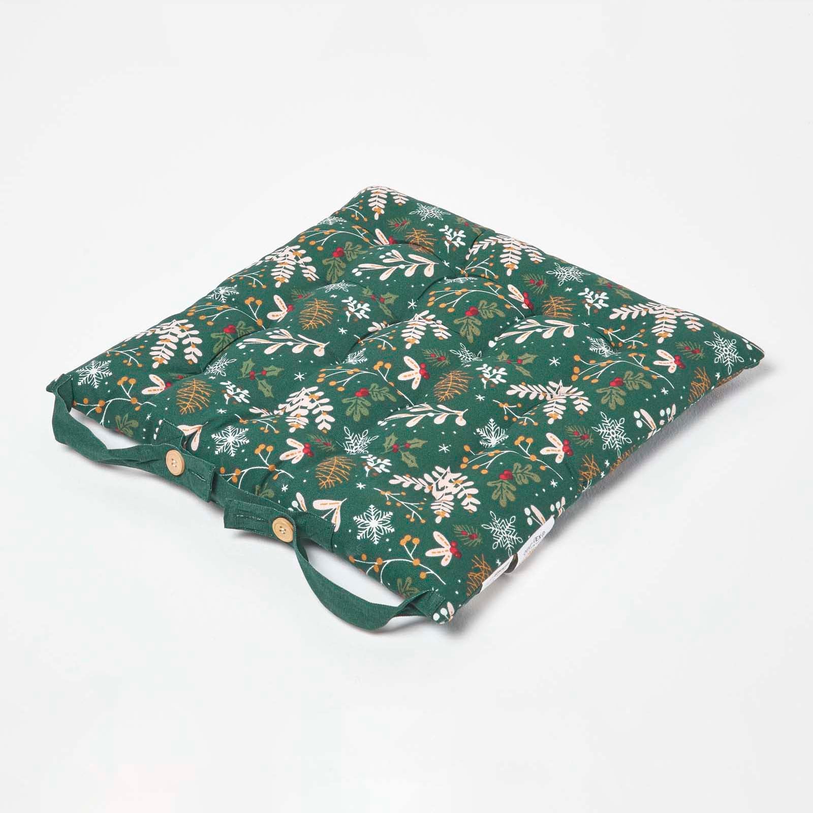Christmas Seat Pad With Straps 100% Cotton 40 x 40cm | 40cm x 40cm | Green