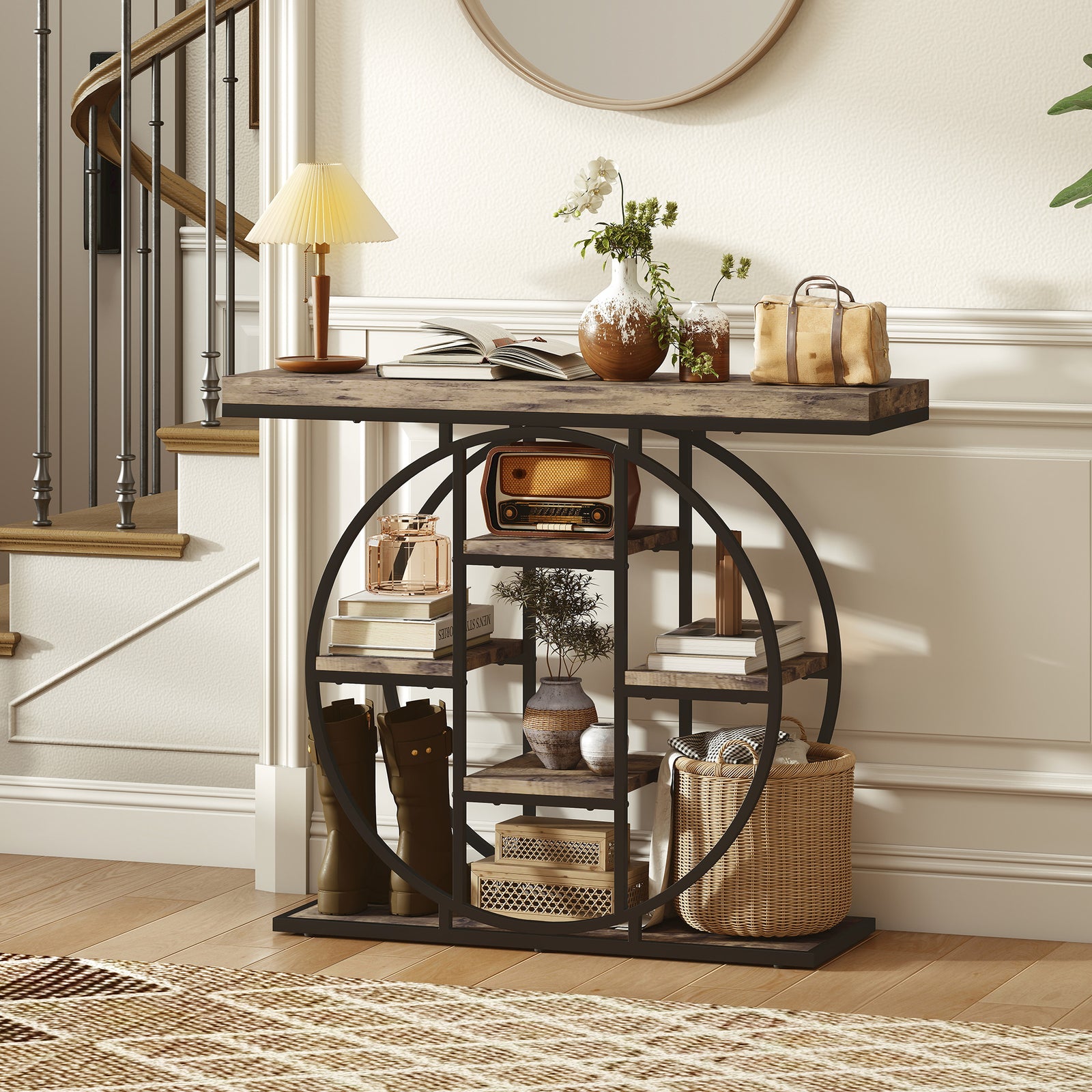 HOMCOM Industrial Console Table, Hallway Table With Storage Shelves