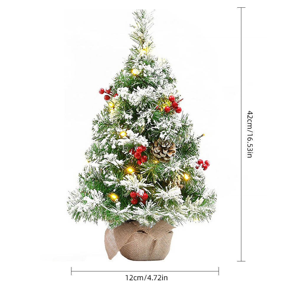 Mini Led Christmas Tree With Lifelike Pine Branches, Red Berries & Pinecones, Linen Base, 42cm Tabletop Holiday Decor
