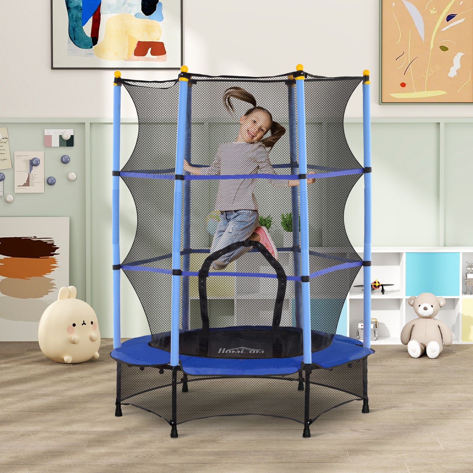 4.6ft/75" Kids Trampoline With Safety Enclosure, Indoor Outdoor | Blue