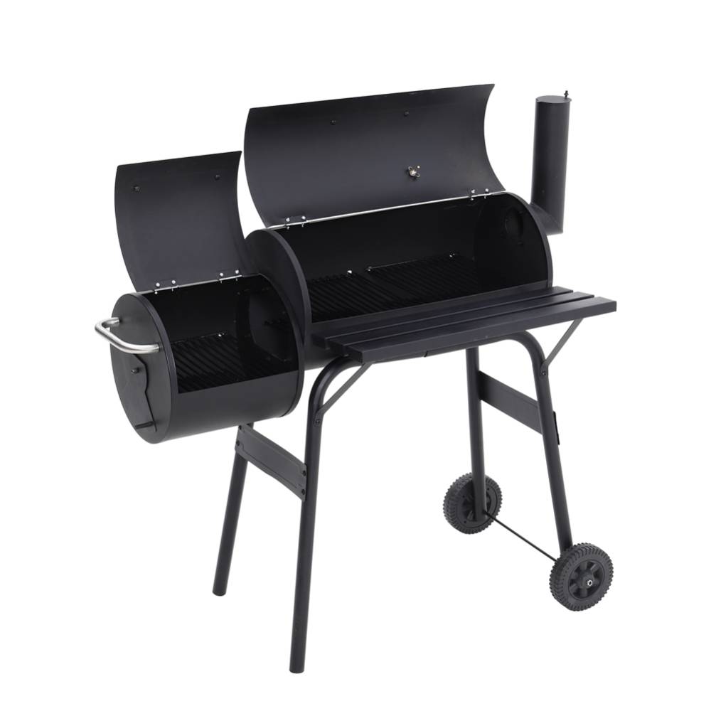 2-in-1 Charcoal Grill & Smoker Combo, Barrel BBQ with Offset Smoker, Outdoor Barbecue with Wheels, Thermometer & Side Shelf